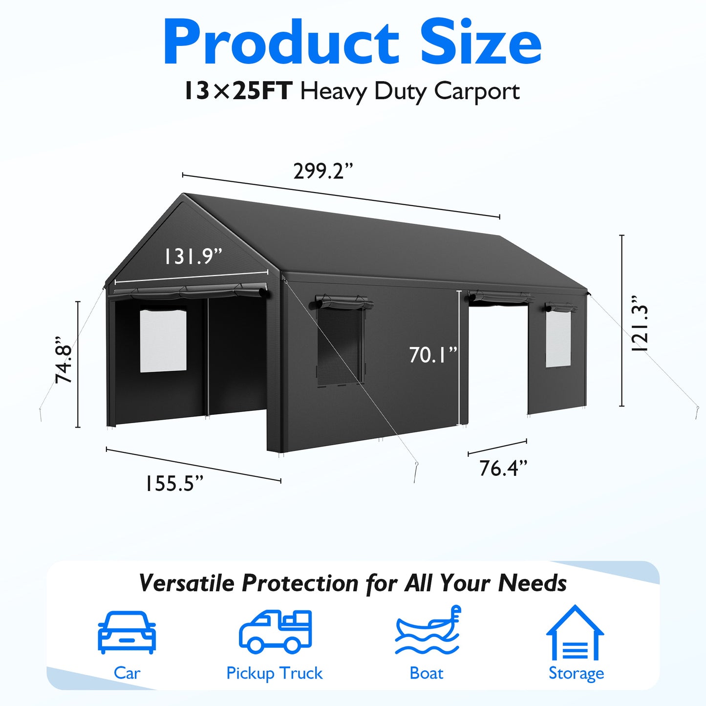 NETAJE 13'x25' Heavy Duty Portable Outdoor Garage Carport with Side-Opening Door, Roll-up Windows, Four-Hole Base for Car, Black