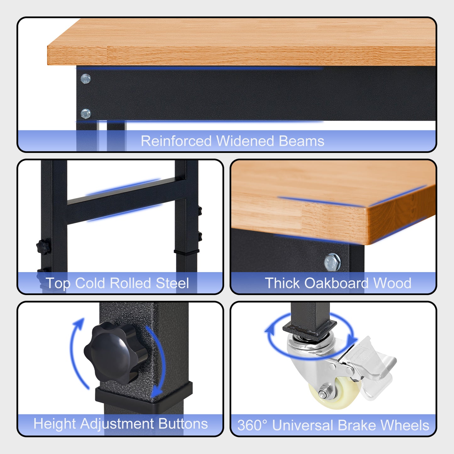 48" Heavy-Duty Work Bench Adjustable Workbench portable Work Table 2000 LB Load Capacity w/Hardwood Top, Wheels and Metal Frame for Garage, Workshop, Office, Home, Workstation