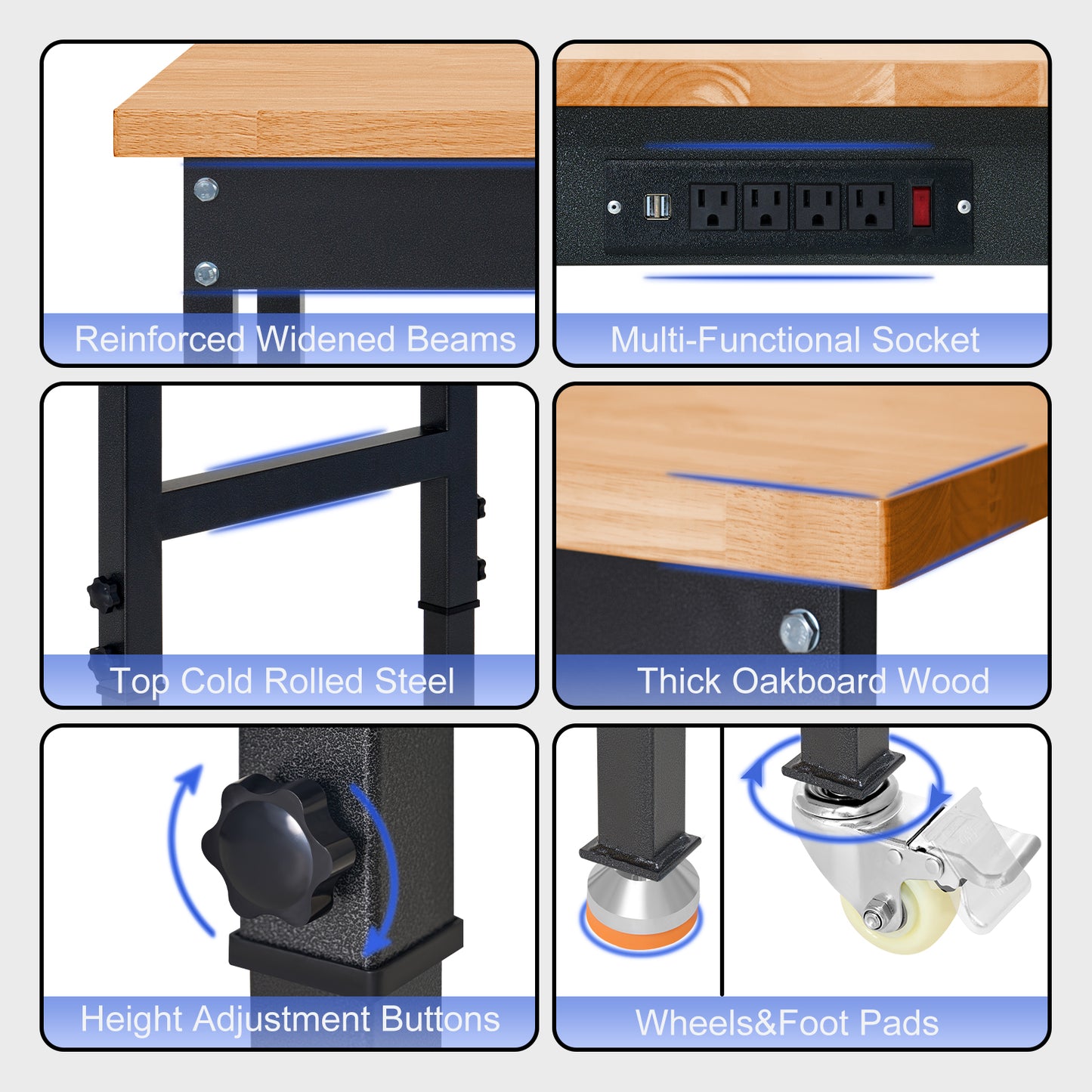 70" Heavy-Duty Workbench Adjustable Work Bench Rubber Wood Work Table 2000 LB Load Capacity w/Hardwood Top, Power Outlets, Wheels,Metal Frame for Garage, Workshop, Office, Home, Workstation