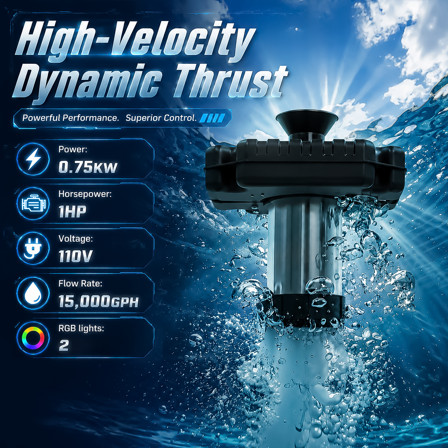 Pond Fountain Aerator with Color Changing LED Lights & Remote, Outdoor Water Fountain Pump for Ponds & Lakes,1HP 110V 750W 15000 GPH，Black