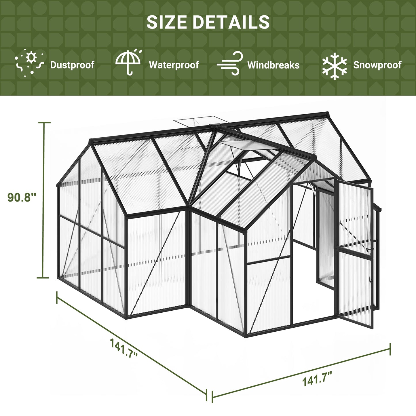 12'x12' T-Shape Outdoor Greenhouse, Double Roof Vents and Doors, Walk-in Polycarbonate Green House with Aluminum Frame for Backyard