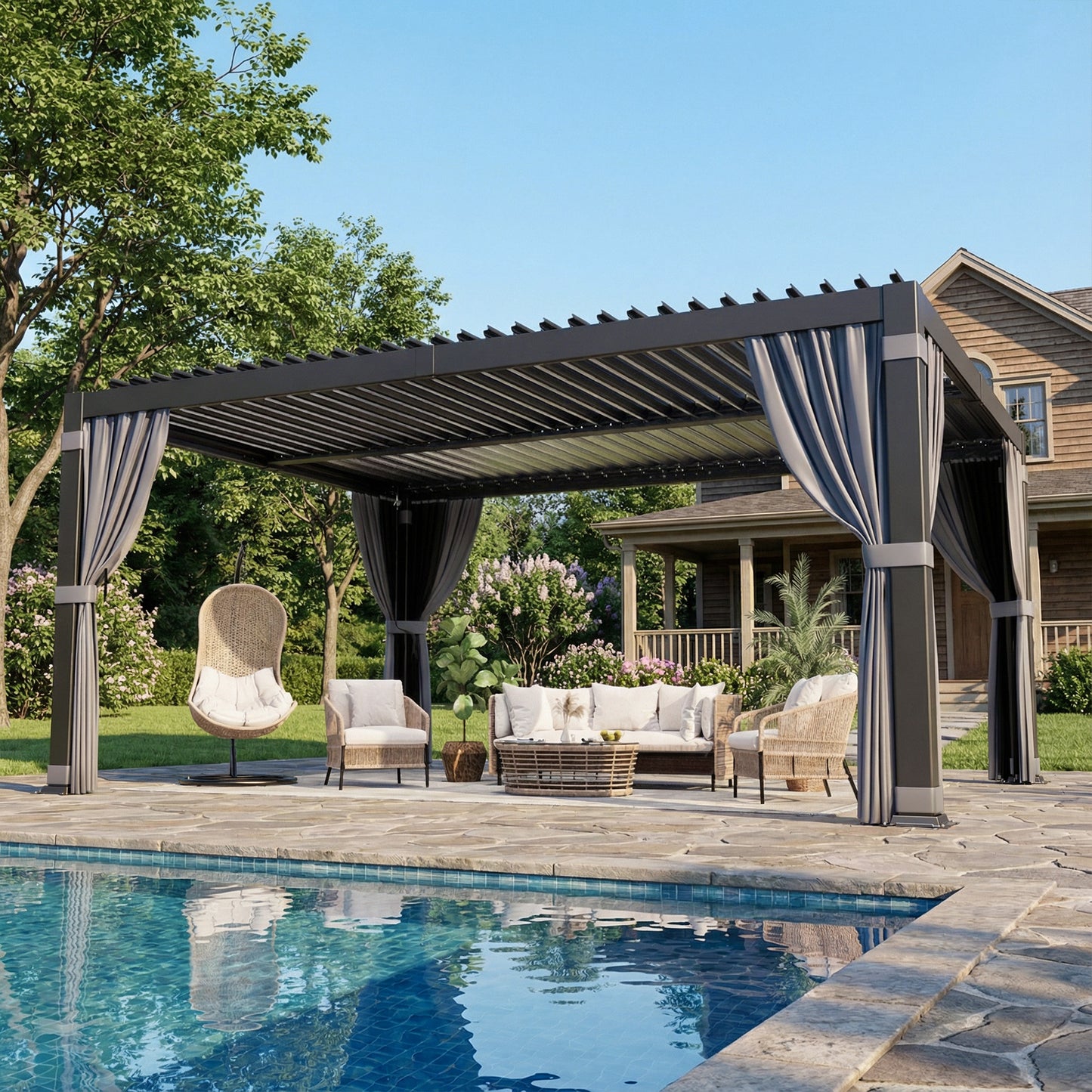 NETAJE 12'x16' Hardtop Louvered Pergola, Aluminum Outdoor Pavilion with Adjustable Louvered Roof & Drainage System, Permanent Gazebo with Curtains and Netting for Patio, Garden, Decks