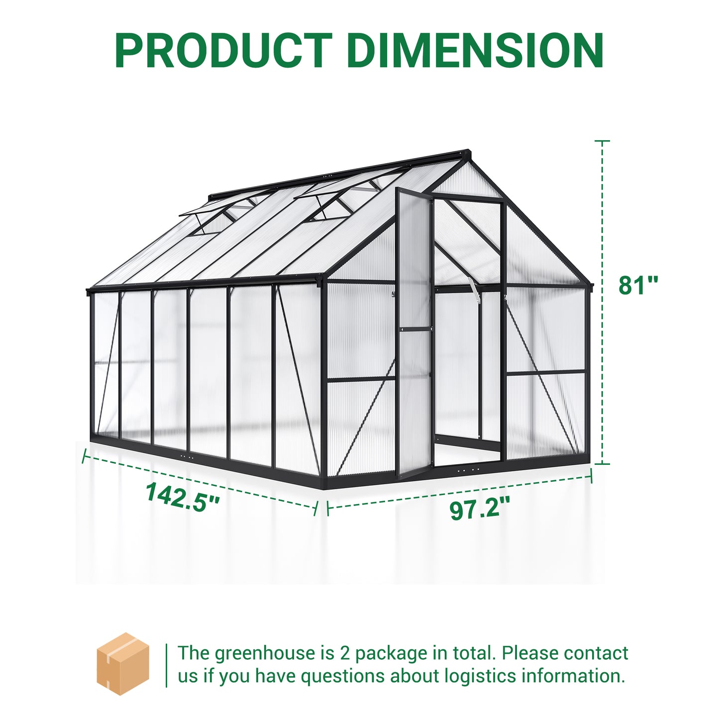 MUCHANT 8x12 FT Greenhouse for Outdoors, Walk-in Large Aluminum Frame Greenhouse with Quick Setup Structure and Roof Vent for Garden Backyard, Black