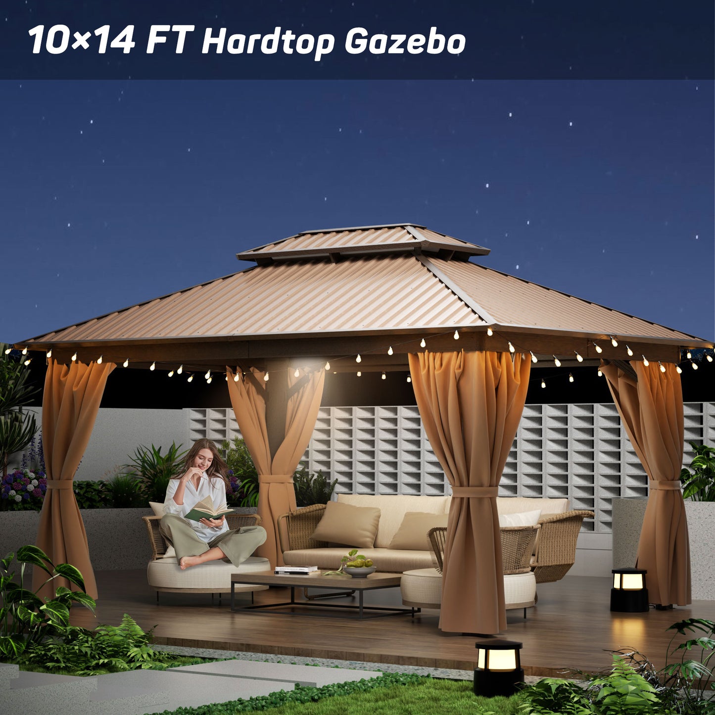 10x14 FT Hardtop Gazebo, Heavy Duty Gazebo with Aluminum Frame and Galvanized Steel Double Roof for Garden, Patio, Lawns