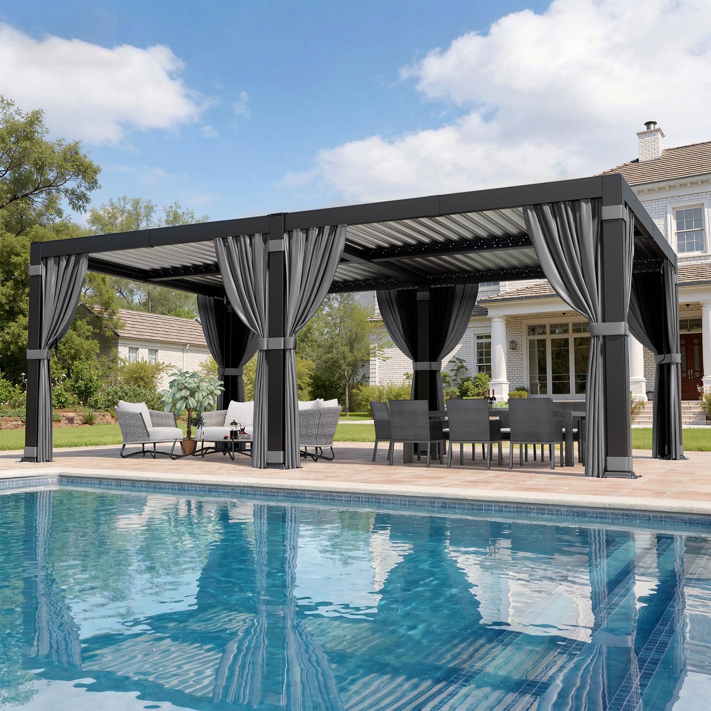 NETAJE 12'x20' Hardtop Louvered Pergola, Aluminum Outdoor Pavilion with Adjustable Louvered Roof & Drainage System, Permanent Gazebo with Curtains and Netting for Patio, Garden, Decks
