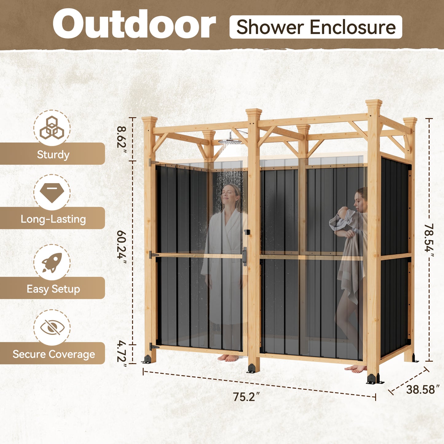NETAJE 2-in-1 Outdoor Shower Enclosure with Changing Room, Solid Wood & Galvanized Steel Privacy Shower Stall for Poolside, Beach, Backyard