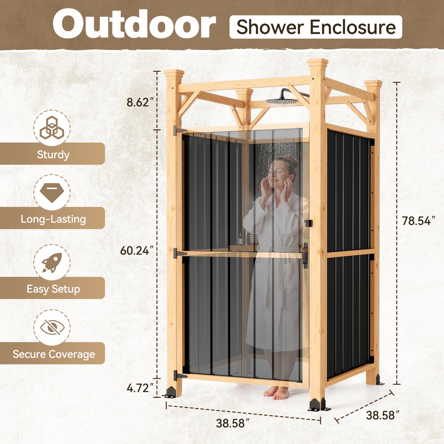 NETAJE Freestanding Outdoor Shower Enclosure,Wood Privacy Shower Stall with Metal Panels and Lockable Door,Waterproof Backyard Shower Room for Poolside, Patio & Beach House