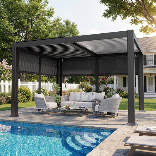 NETAJE 10'x12' Hardtop Louvered Pergola, Aluminum Outdoor Pavilion with Adjustable Louvered Roof & Drainage System, Permanent Gazebo with 2 Retractable Shade Canopy for Patio, Garden, Decks, Backyard