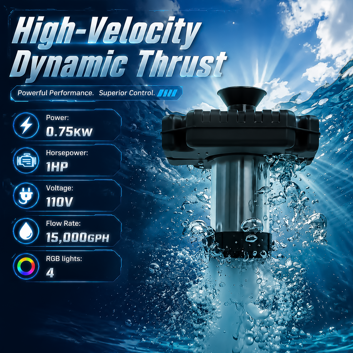 NETAJE Pond Fountain Aerator with 4 Color Changing LED Lights & Remote, Outdoor Water Fountain Pump for Ponds & Lakes,1HP 110V 750W 15000 GPH，Black