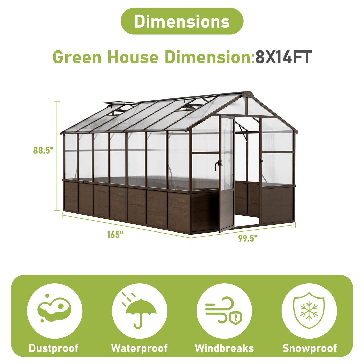 NETAJE 8'x14' Outdoor Wooden Greenhouse, Heavy Duty Walk in Polycarbonate Greenhouse with Ventilated Window, Locked Door and Roof Vent for Patio, Garden, Backyard, Brown