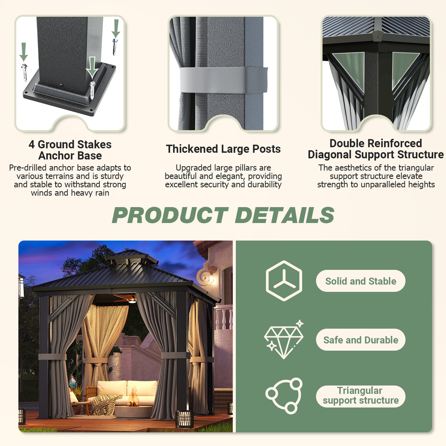 NETAJE 8x8 FT Steel Hardtop Gazebo with Double Roof & Mosquito Net for Patio Deck Backyard