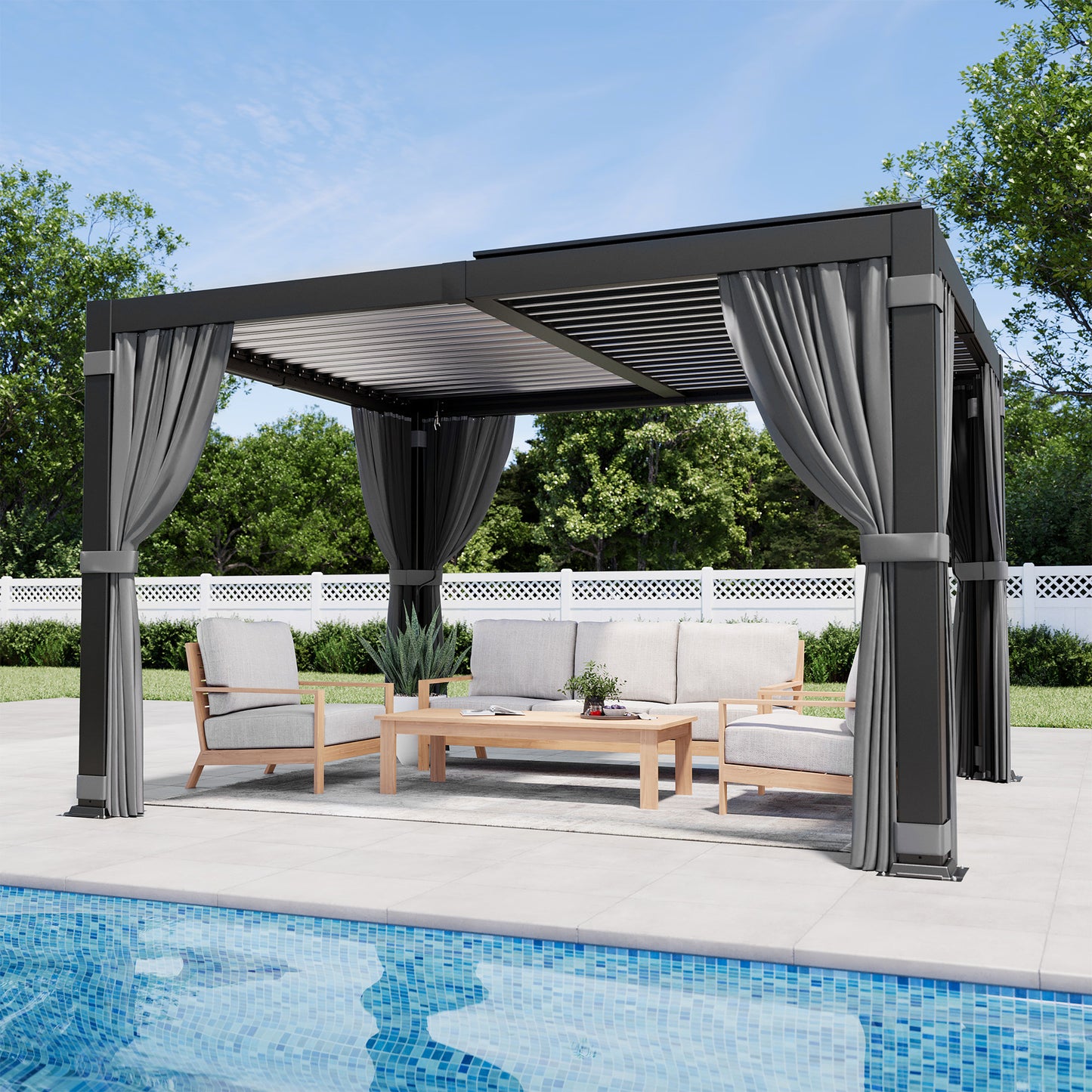 NETAJE 10'x12' Hardtop Louvered Pergola, Aluminum Outdoor Pavilion with Adjustable Louvered Roof & Drainage System, Permanent Gazebo with Curtains and Netting for Patio, Garden, Decks