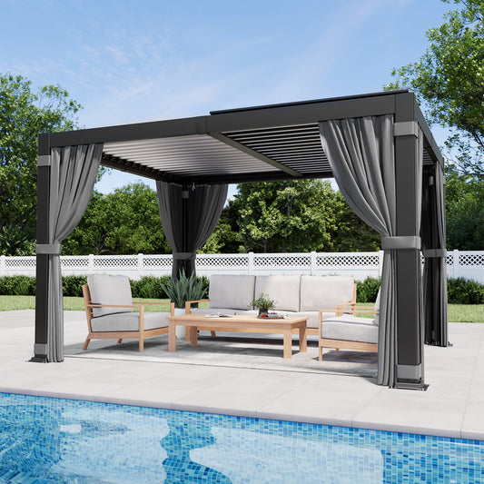 NETAJE 10'x12' Hardtop Louvered Pergola, Aluminum Outdoor Pavilion with Adjustable Louvered Roof & Drainage System, Permanent Gazebo with Curtains and Netting for Patio, Garden, Decks