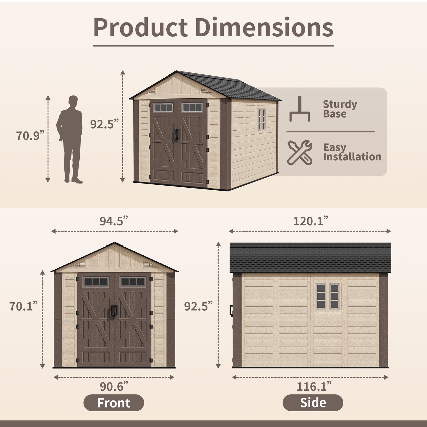 NETAJE 8x10 ft Resin Storage Shed, Outdoor Plastic Tool Shed with Floor, Lockable Door, Window and Vents for Patio, Backyard, Beige & Brown