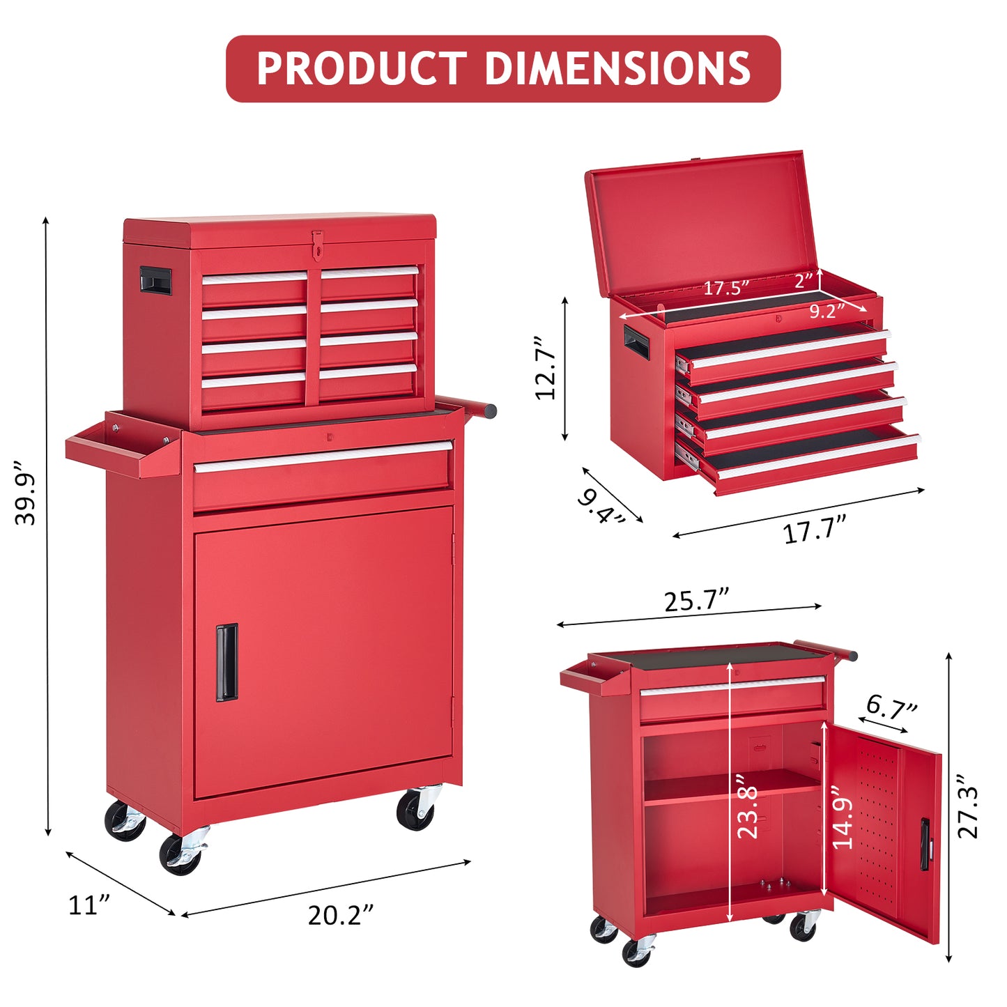 Metal Tool Chest,2 in 1 Steel Rolling Tool Box & Cabinet On Wheels for Garage,Detachable Top Tool Box and Lockable Wheels Metal Tool Cart for Garage,5-Drawer