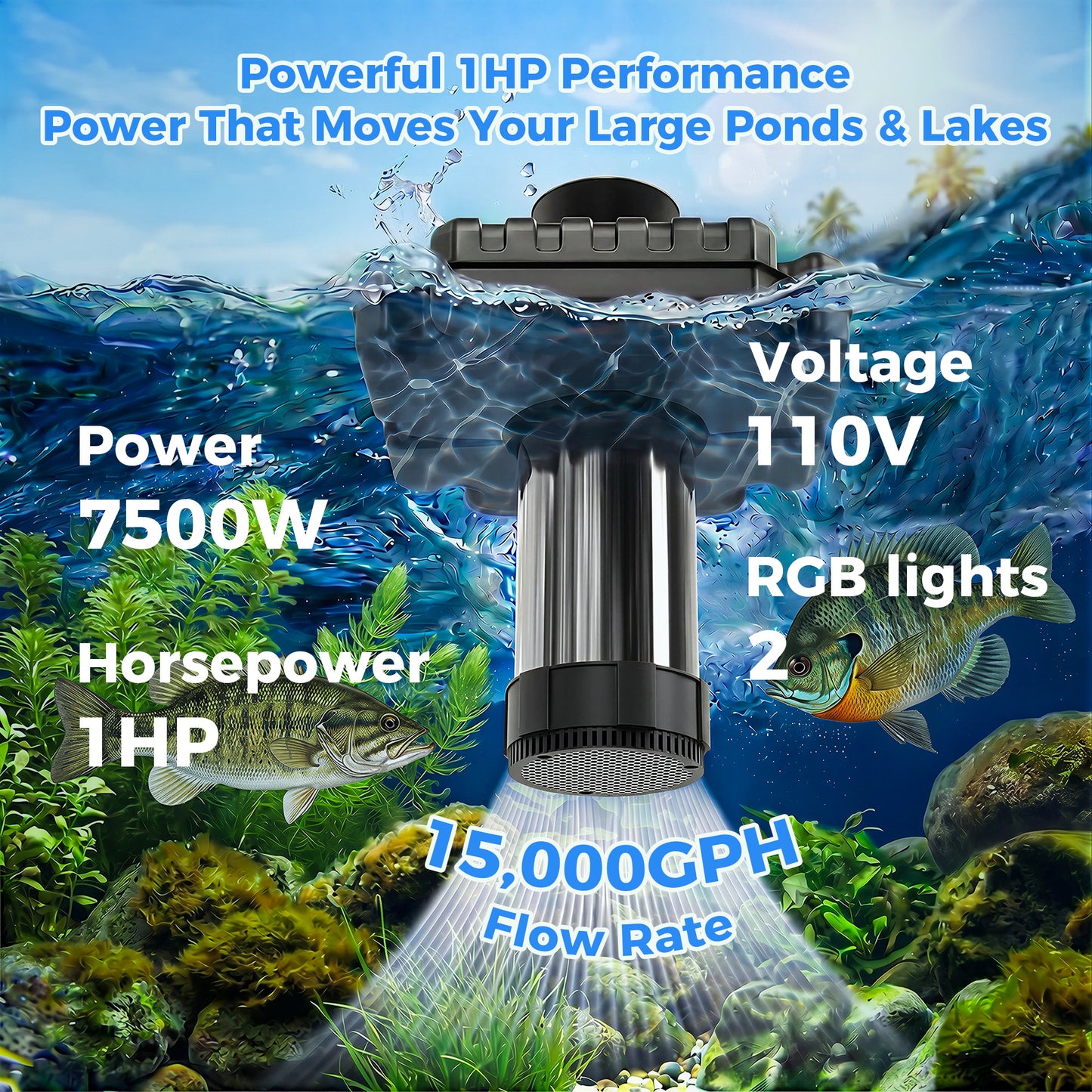 Floating Pond Fountain Aerator Pump for Outdoor Ponds and Pools with 2 LED Lights