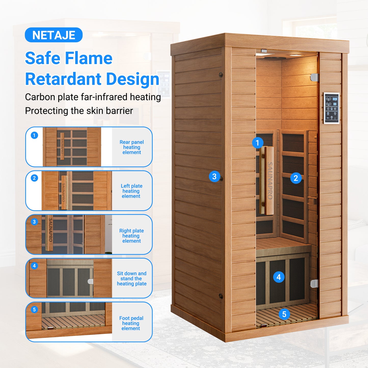 NETAJE 1 Person Sauna, Spectrum Infrared Sauna for Home with BT and WiFi Control, Indoor Dry Sauna with 5 Heater Panels, Home and Gym
