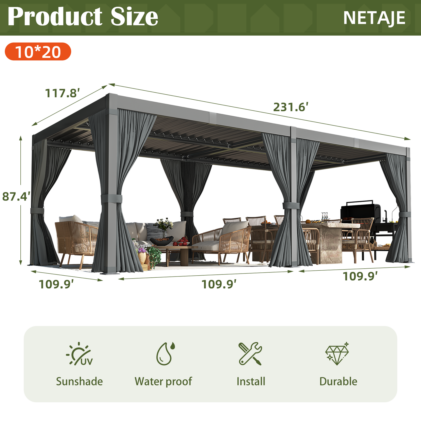 10' x 20' Outdoor Aluminum Louvered Pergola with Adjustable Louvered Roof for Backyard, Garden, and Decks, Gray