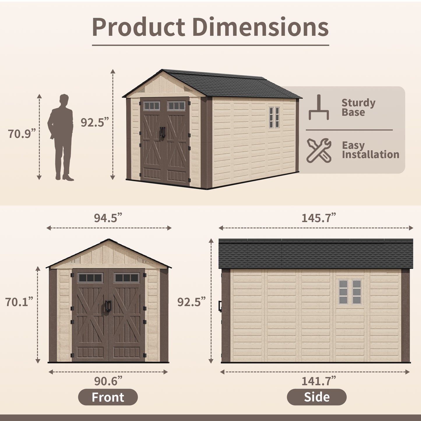 NETAJE 8x12 ft Resin Storage Shed, Outdoor Plastic Tool Shed with Floor, Lockable Door, Window and Vents for Patio, Backyard, Beige & Brown