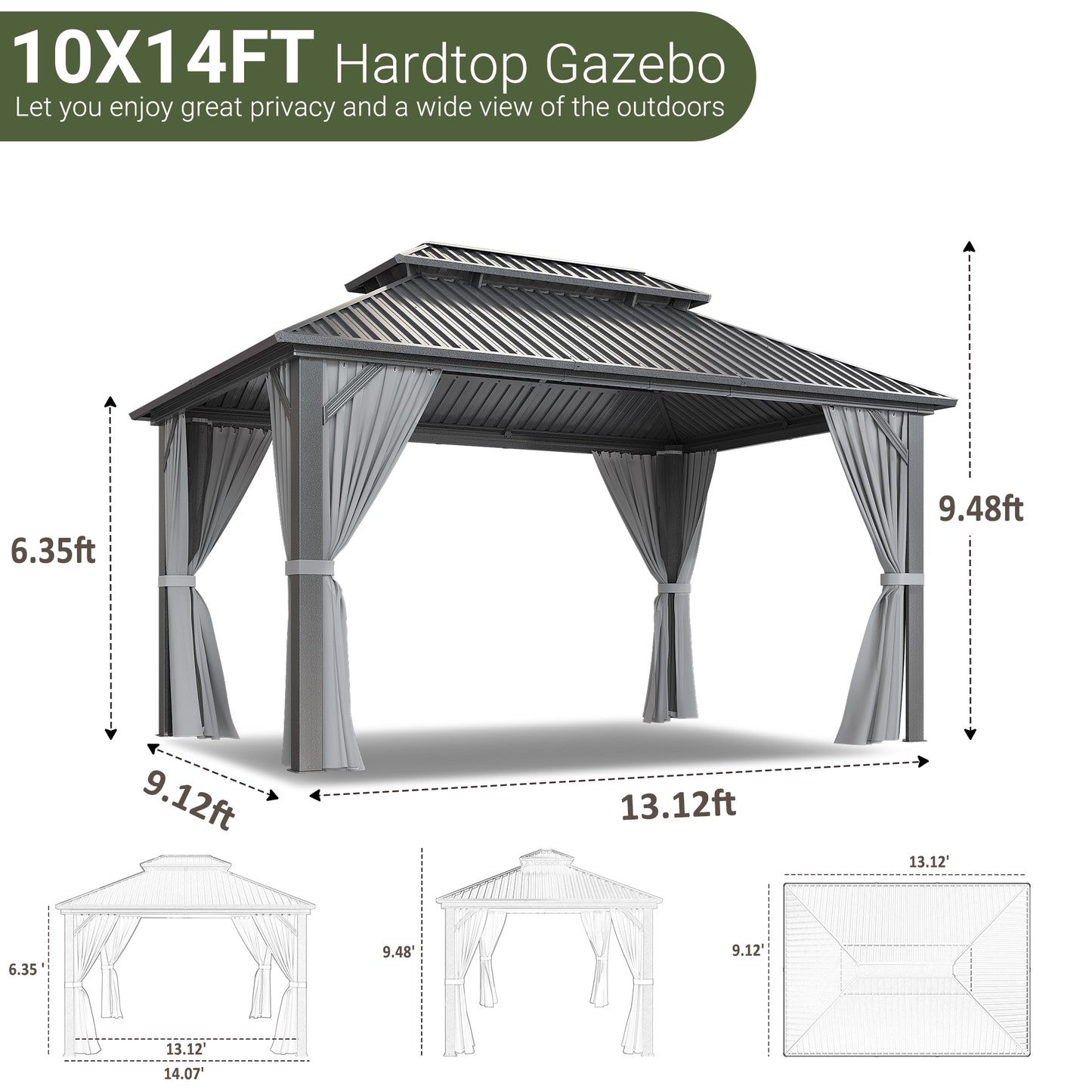 NETAJE 10x14 FT Hardtop Gazebo, Heavy Duty Gazebo with Aluminum Frame, Galvanized Steel Double Roof & Mosquito Net for Garden, Patio, Grey