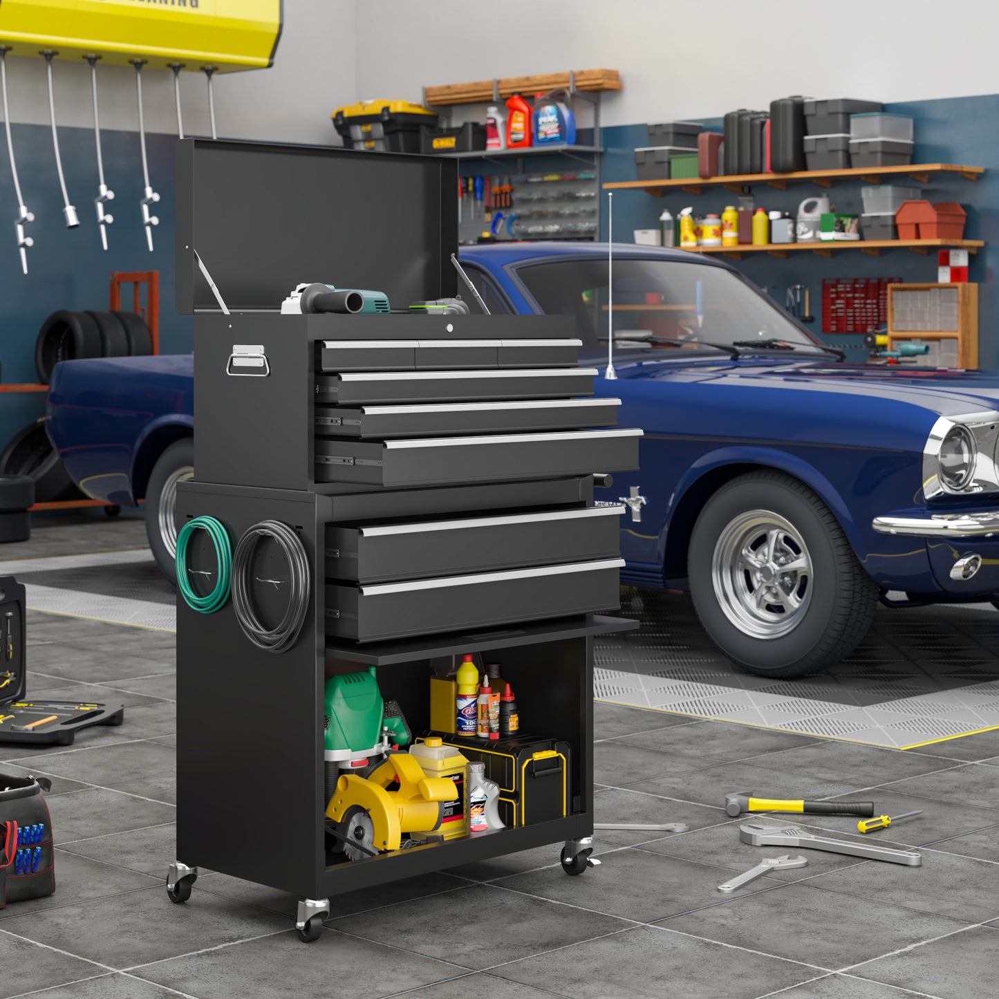 NETAJE Metal Tool Chest, 2 in 1 Steel Rolling Tool Box & Cabinet On Wheels for Garage, Detachable Top Tool Box and Lockable Wheels Metal Tool Cart for Garage, 8-Drawer, Black