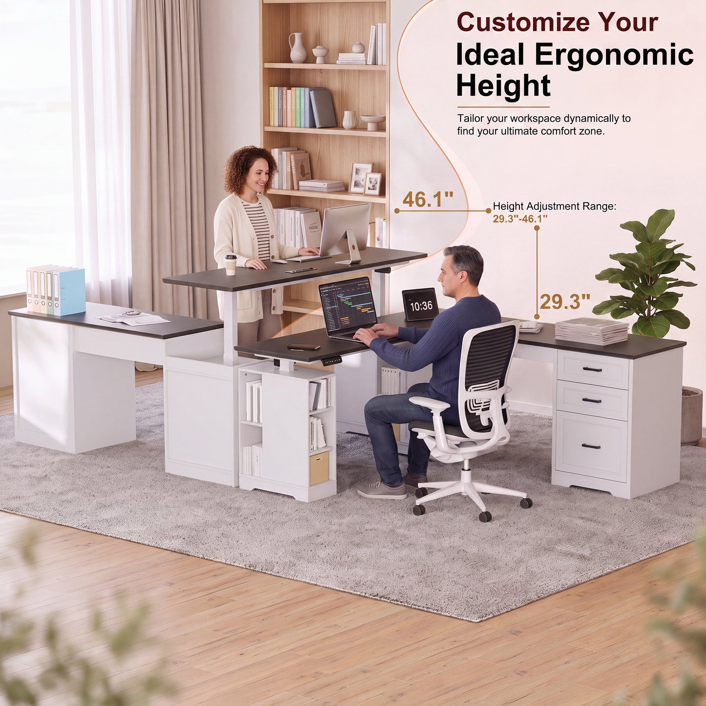 NETAJE L Shaped Electric Standing Desk, Height Adjustable Sit Stand Computer Desk with Power Outlet, Reversible Home Office Desk