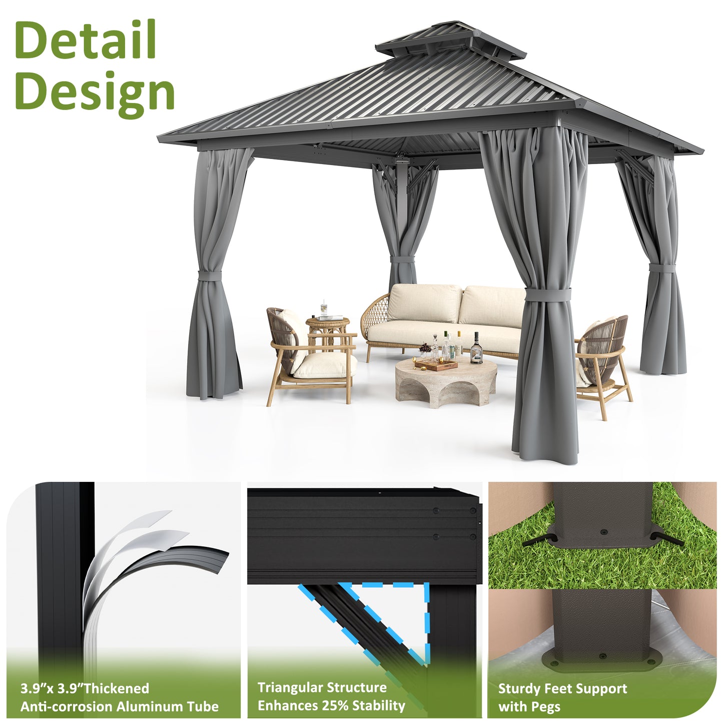 10x10 FT Hardtop Gazebo, Heavy Duty Gazebo with Aluminum Frame and Galvanized Steel Double Roof for Garden, Patio, Lawns, Grey