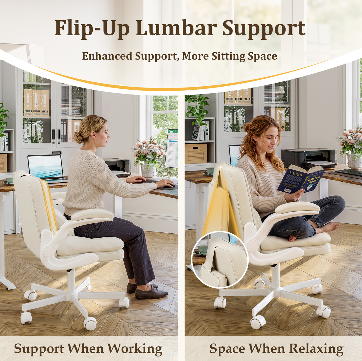 NETAJE Criss Cross Office Chair with Flip Backrest & Lumbar Pillow, Wide Cross Legged Desk Chair for Home Office, Bedroom
