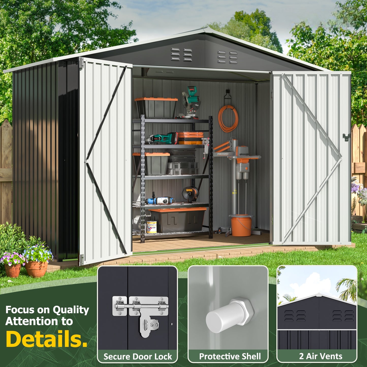 NETAJE 9'x4' Outdoor Metal Storage Shed with Upgraded Frame and Lockable Doors for Backyard, Garden, Lawn