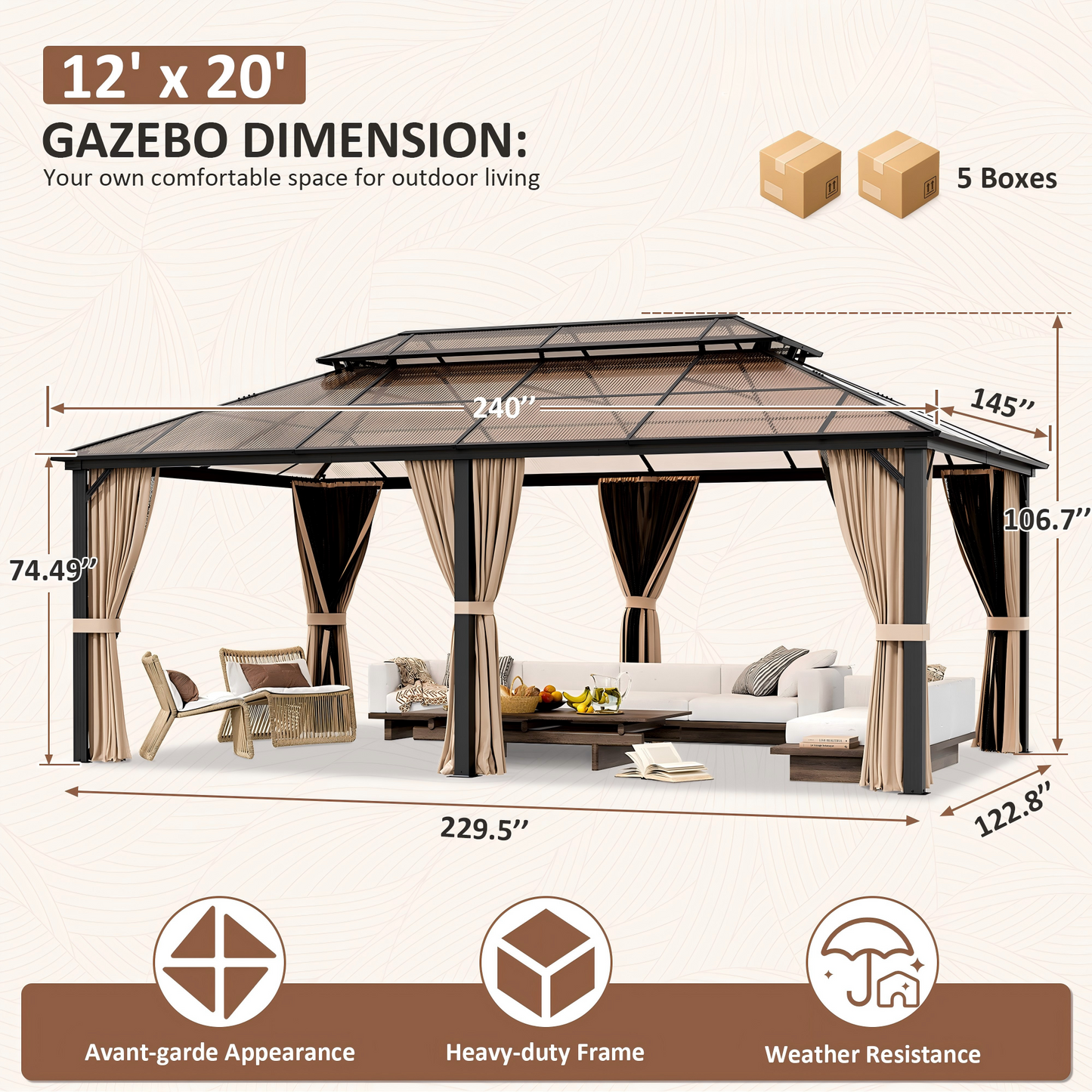NETAJE 12x20 FT Hardtop Gazebo, Heavy Duty Gazebo with Aluminum Frame and PC Panel Double Roof, Outdoor Permanent Pavilion with Curtains and Mosquito Netting for Patio, Backyard, Lawn