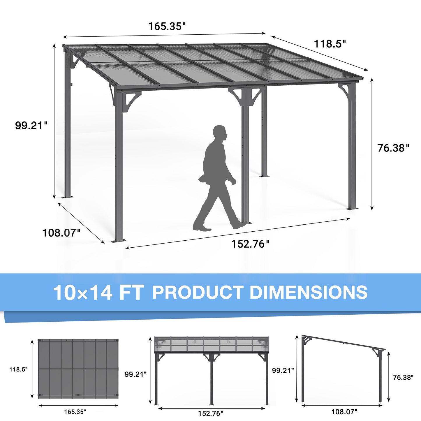 10x14 FT Gazebo Pergola Awnings for Patio with Hardtop Gazebos on Clearance Patio Covers for Shade and Rain, Lean to Gazebo for Patios,Decks,Backyard