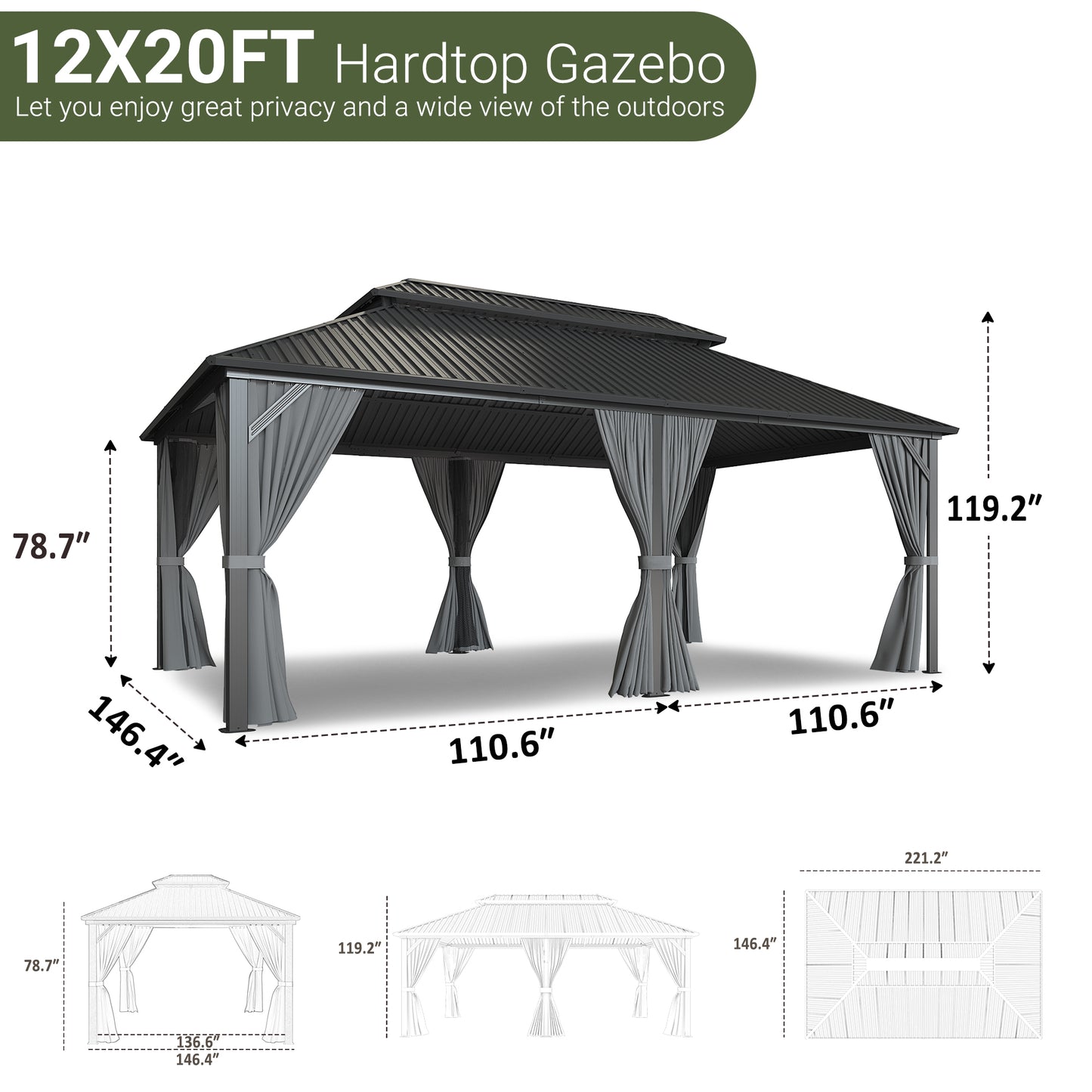NETAJE 12x20 FT Hardtop Gazebo, Heavy Duty Gazebo with Aluminum Frame, Galvanized Steel Double Roof & Mosquito Net for Garden, Patio, Grey