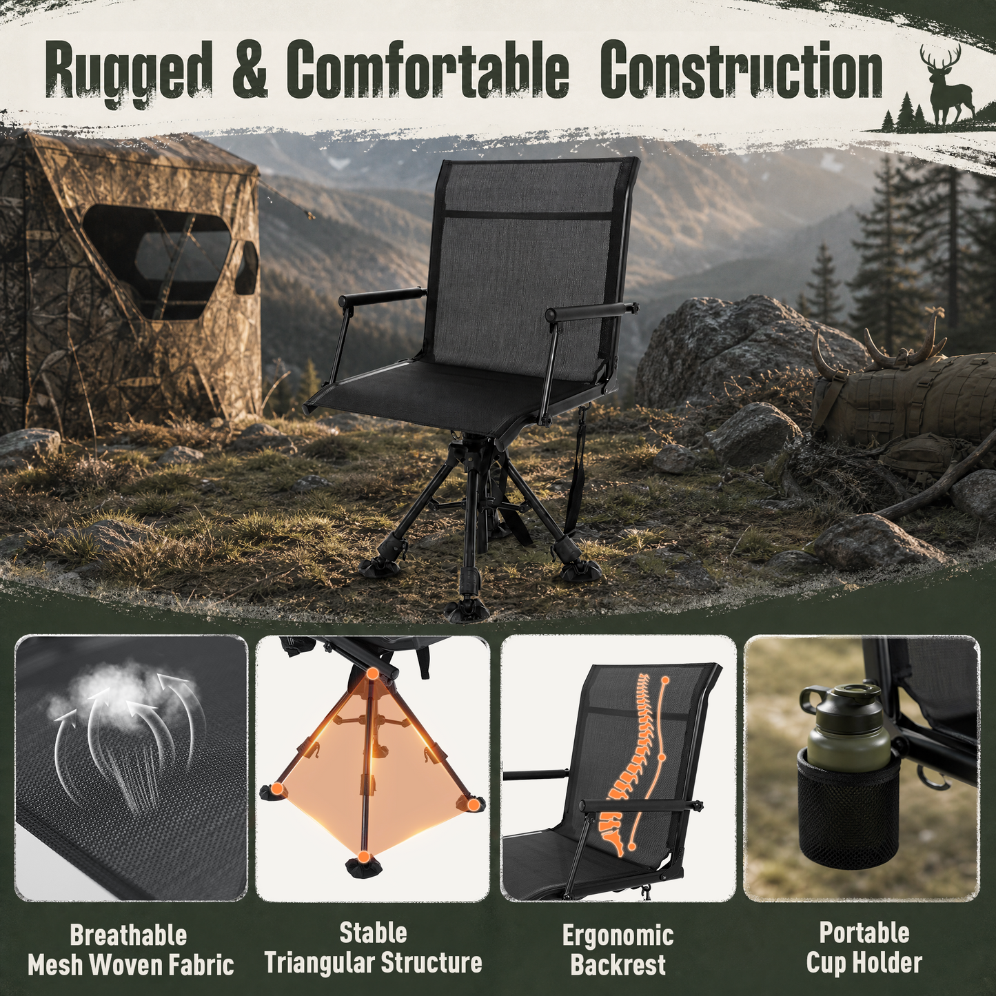 NETAJE 360°Swivel Hunting Blind Chair with Adjustable Legs, Folding Portable Hunting Chair with Cup Holder for Deer Hunting Fishing Camping Ground Blinds