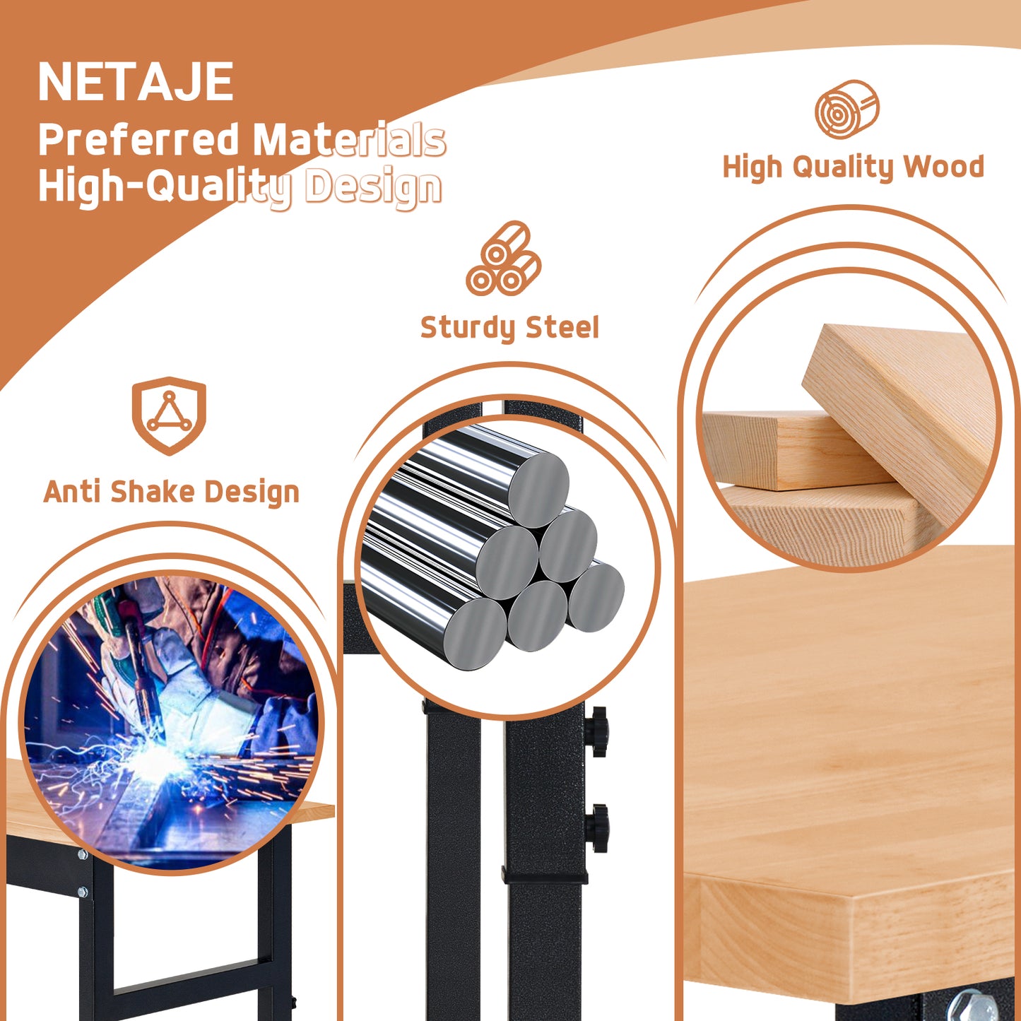 48" Heavy-Duty Work Bench Adjustable Workbench portable Work Table 2000 LB Load Capacity w/Hardwood Top, Wheels and Metal Frame for Garage, Workshop, Office, Home, Workstation