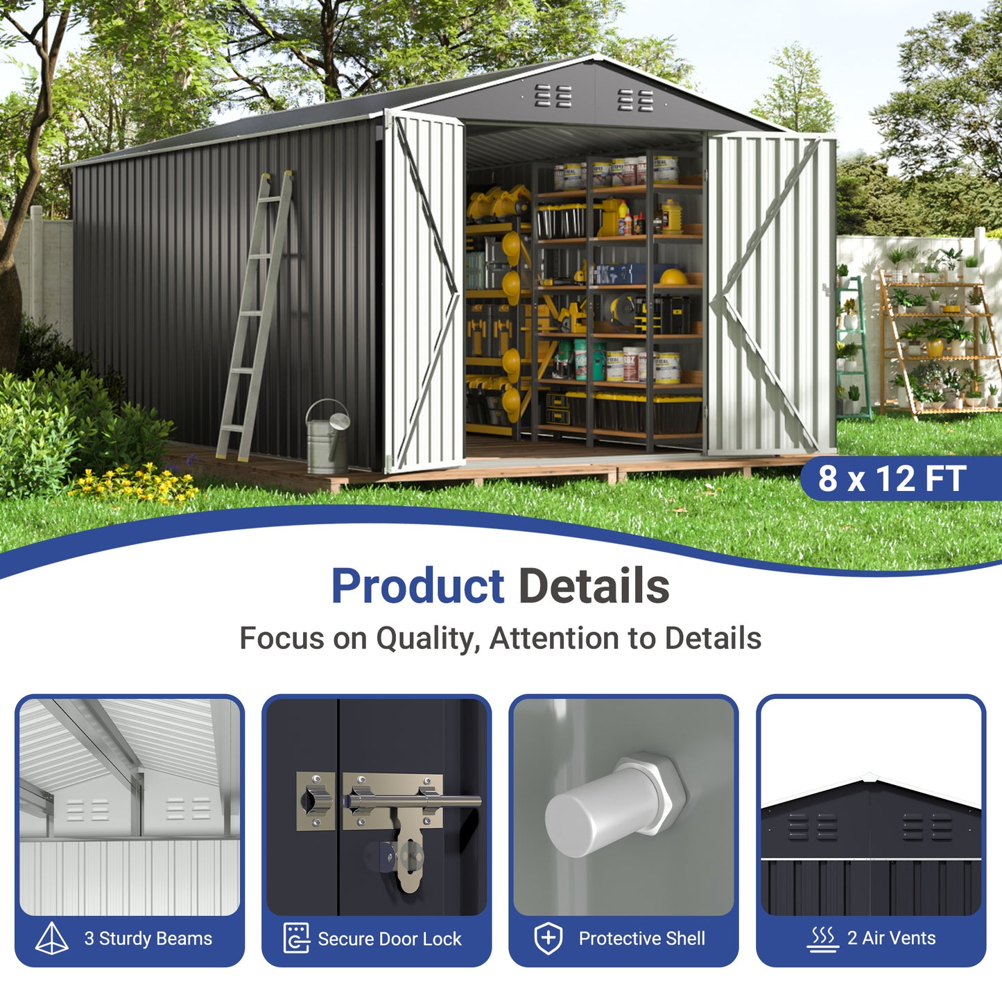 NETAJE 8x12 FT Outdoor Metal Shed with Updated Aluminum Frame, Storage Shed with Lockable Doors & Sliding Roof for Backyard, Garden, Gray