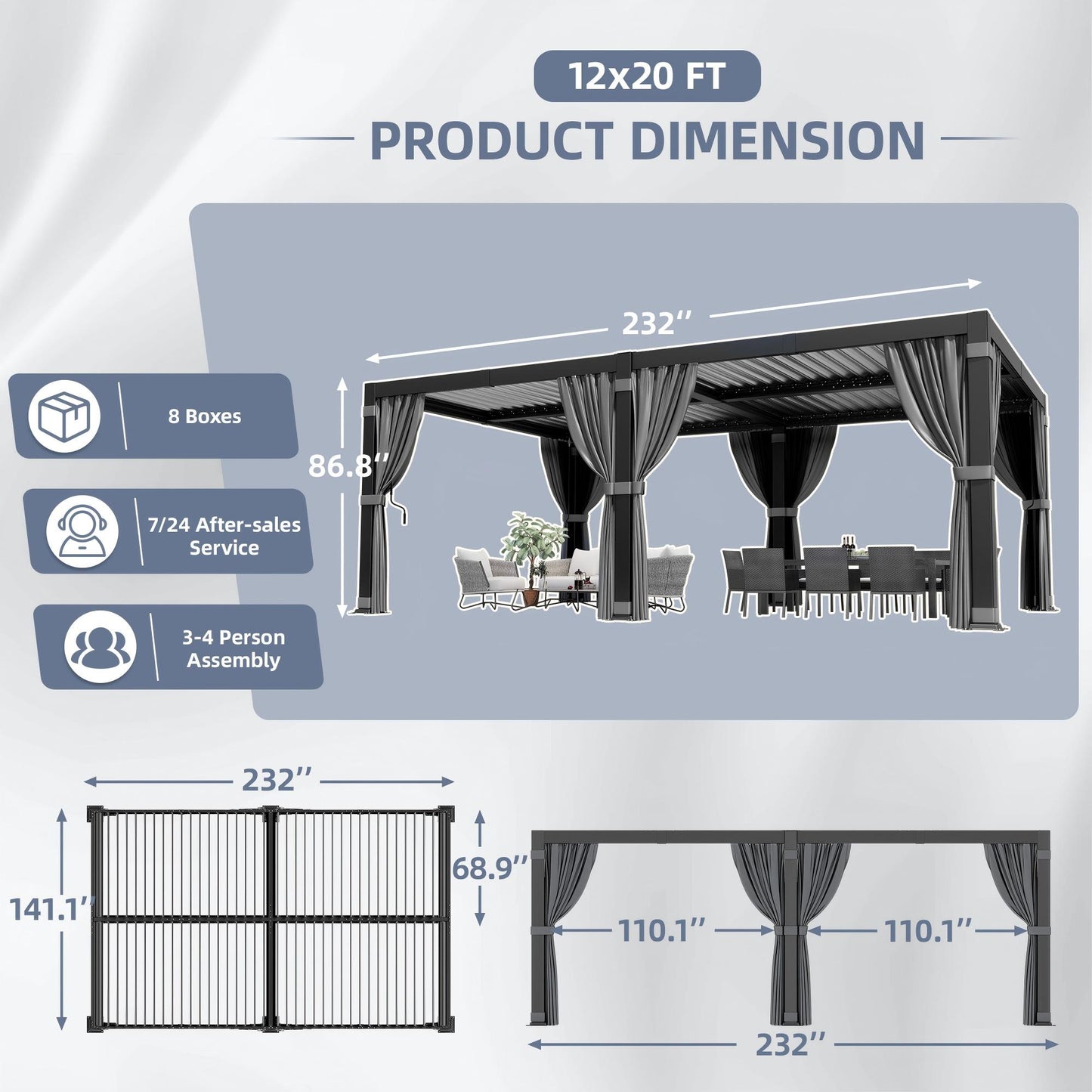 NETAJE 12'x20' Hardtop Louvered Pergola, Aluminum Outdoor Pavilion with Adjustable Louvered Roof & Drainage System, Permanent Gazebo with Curtains and Netting for Patio, Garden, Decks