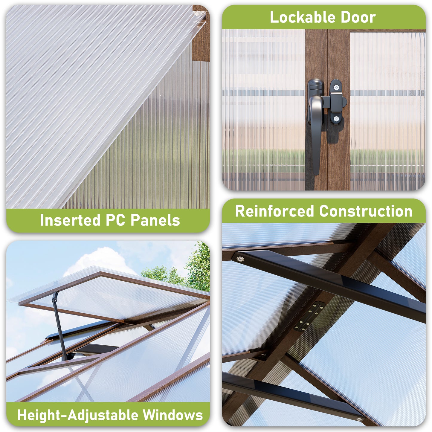 NETAJE 8'x16' Outdoor Wooden Greenhouse, Heavy Duty Walk in Polycarbonate Greenhouse with Ventilated Window, Locked Door and Roof Vent for Patio, Garden, Backyard, Brown