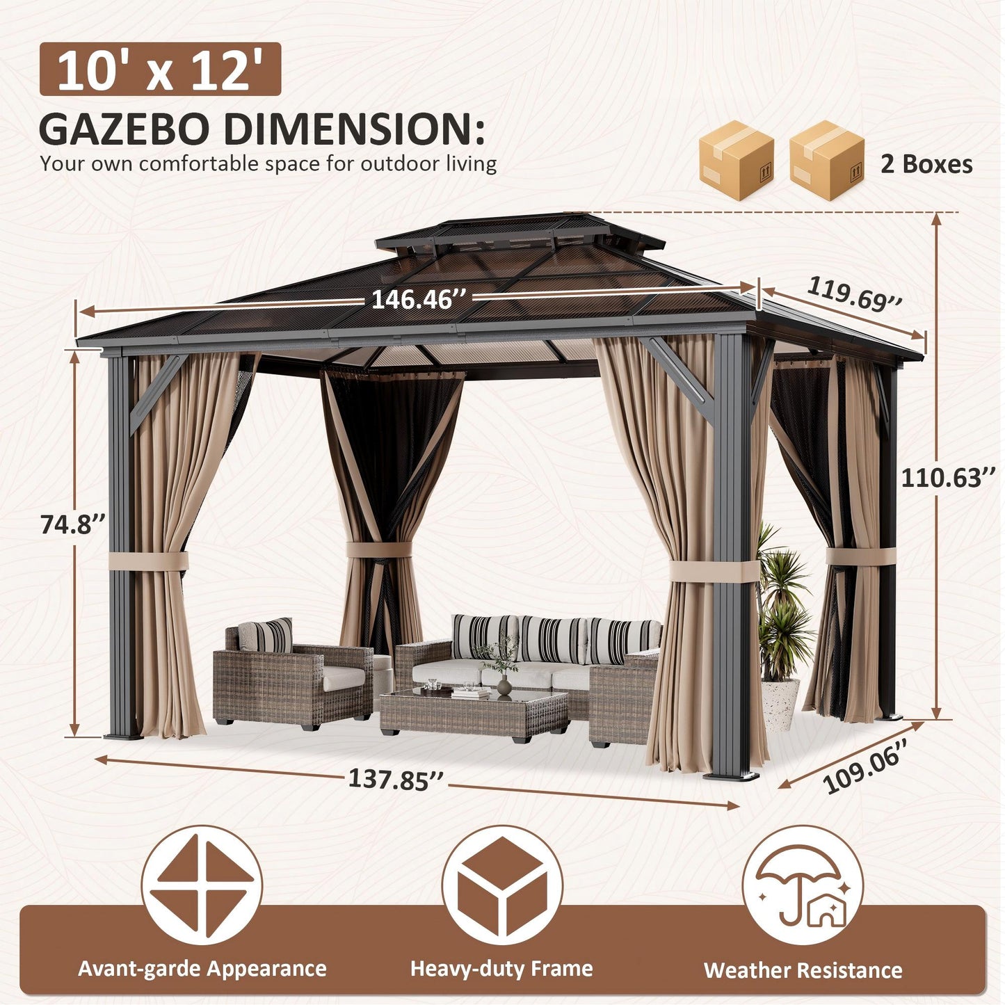 NETAJE 10x12 FT Hardtop Gazebo, Heavy Duty Gazebo with Aluminum Frame and PC Panel Double Roof, Outdoor Permanent Pavilion with Curtains and Mosquito Netting for Patio, Backyard, Lawn