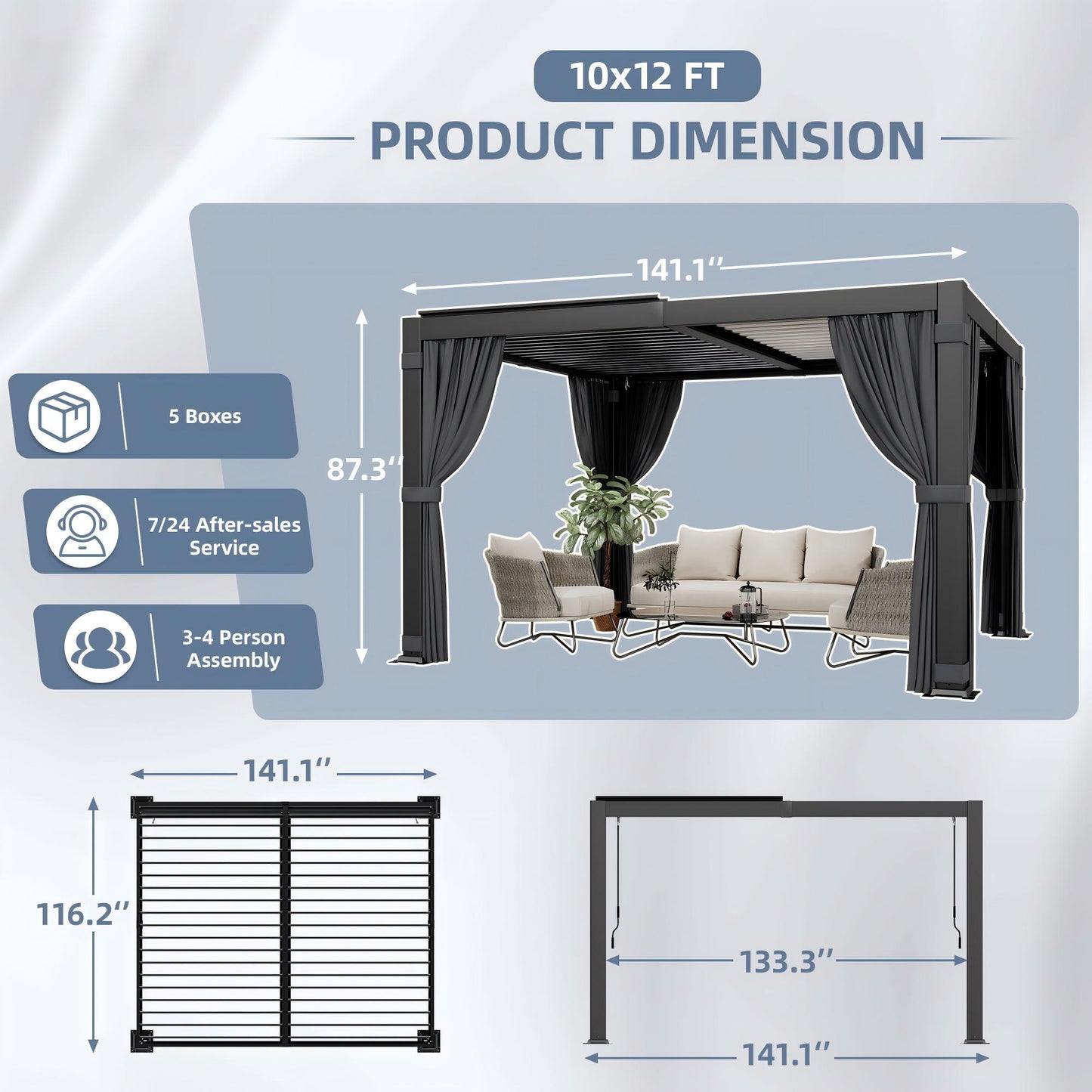 NETAJE 10'x12' Hardtop Louvered Pergola, Aluminum Outdoor Pavilion with Adjustable Louvered Roof & Drainage System, Permanent Gazebo with Curtains and Netting for Patio, Garden, Decks