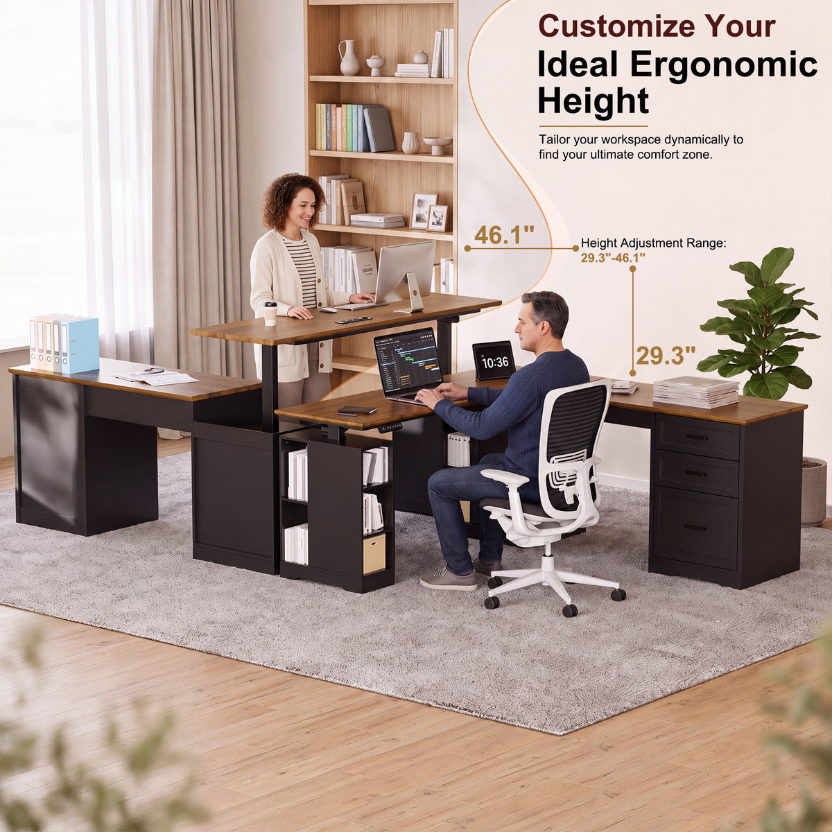 NETAJE L Shaped Electric Standing Desk, Height Adjustable Sit Stand Computer Desk with Power Outlet, Reversible Home Office Desk