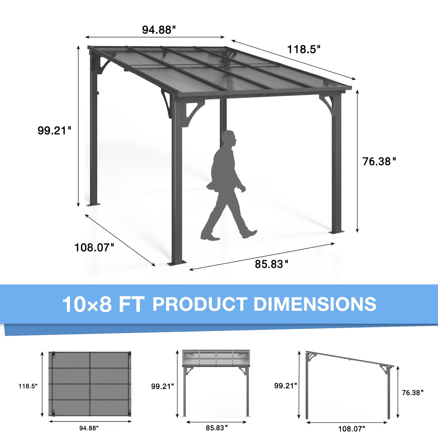 AirWire 10x8 FT Gazebo Pergola Awnings for Patio with Hardtop Gazebos on Clearance Patio Covers for Shade and Rain, Lean to Gazebo Sunroom Patio Canopy Outdoor Pergolas for Patios,Decks,Backyard