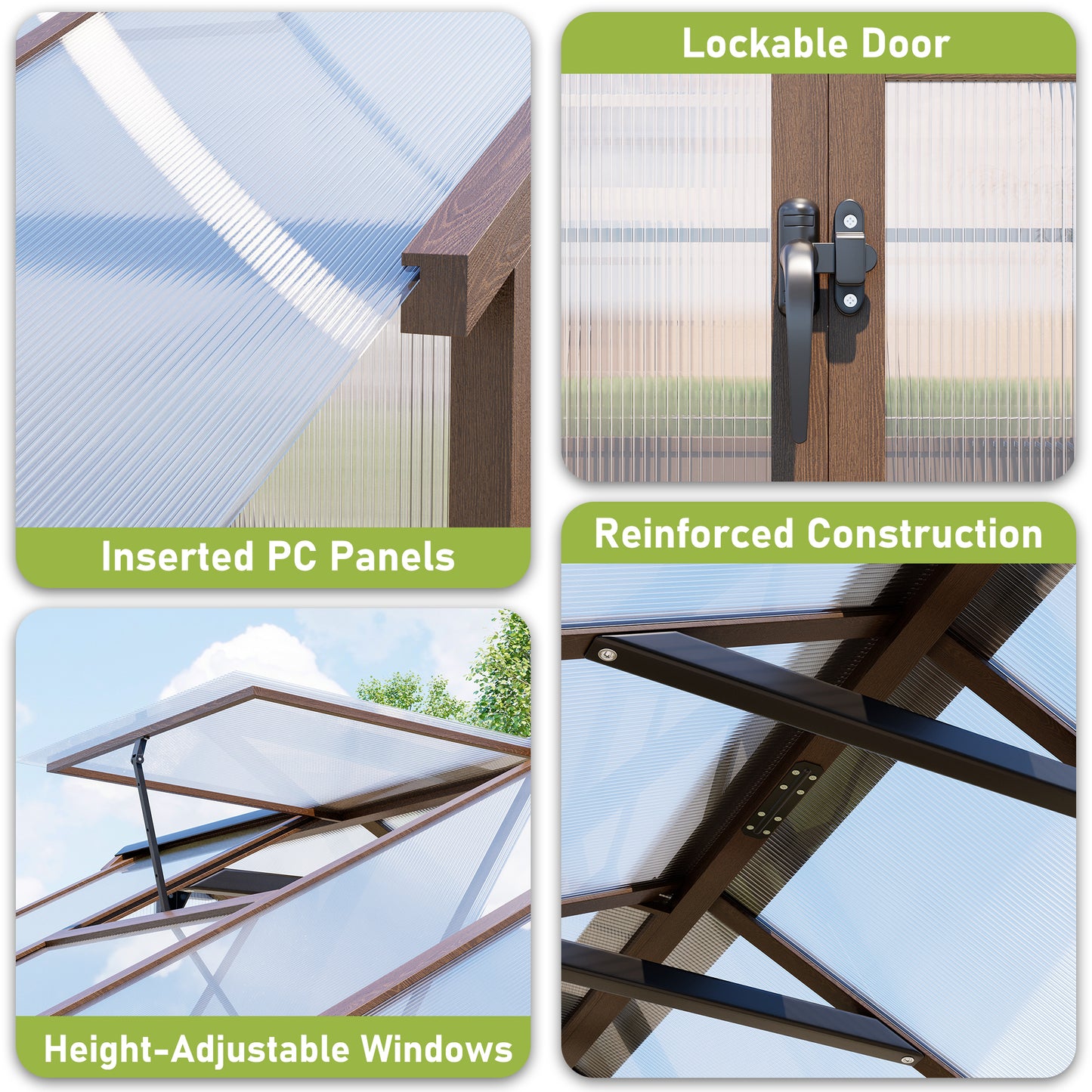 NETAJE 8'x14' Outdoor Wooden Greenhouse, Heavy Duty Walk in Polycarbonate Greenhouse with Ventilated Window, Locked Door and Roof Vent for Patio, Garden, Backyard, Brown