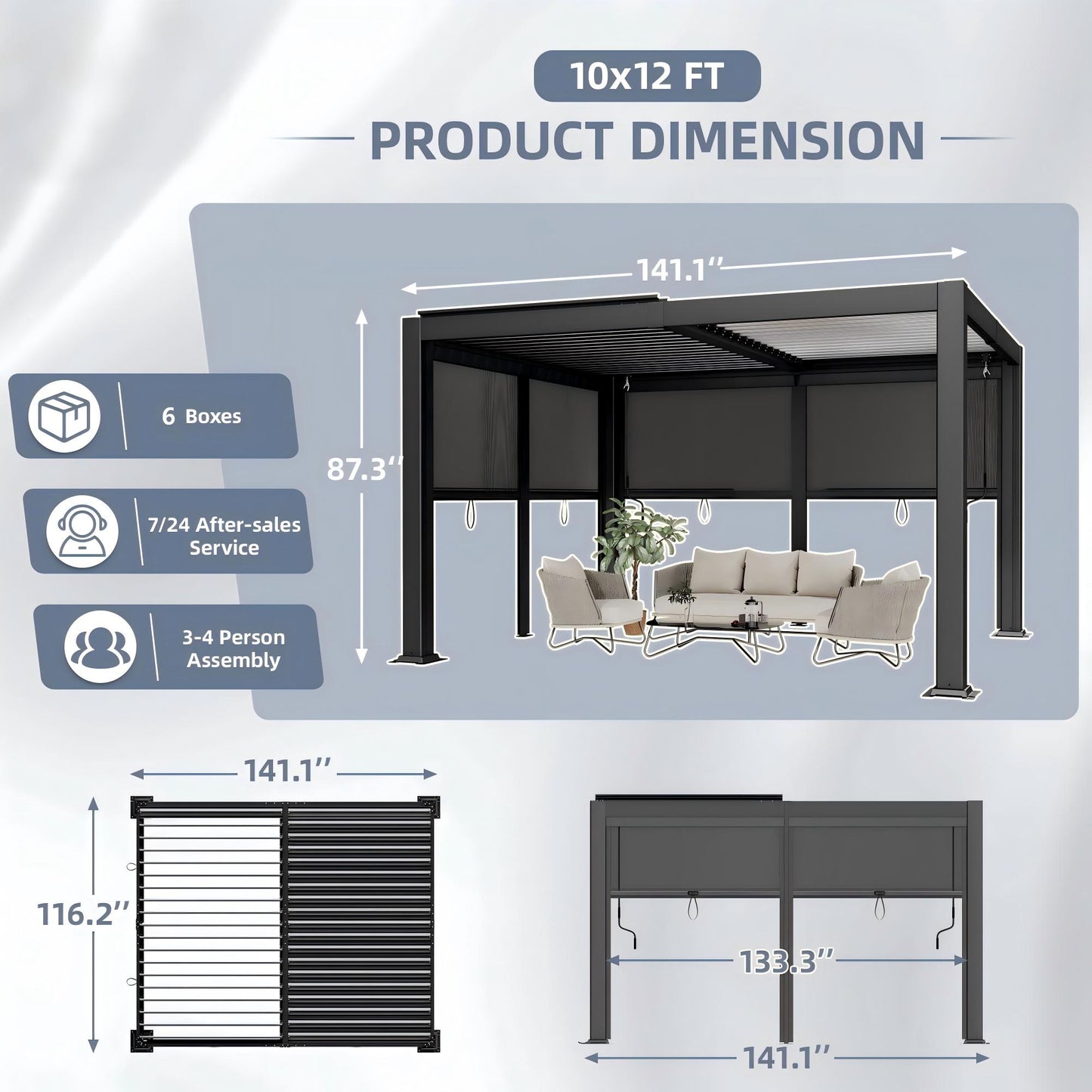 NETAJE 10'x12' Hardtop Louvered Pergola, Aluminum Outdoor Pavilion with Adjustable Louvered Roof & Drainage System, Permanent Gazebo with 2 Retractable Shade Canopy for Patio, Garden, Decks, Backyard
