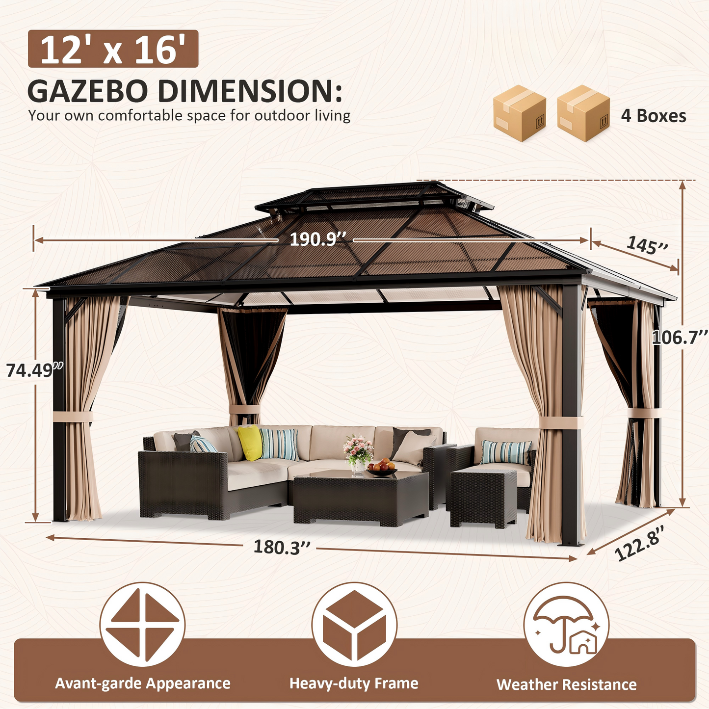 NETAJE 12x16 FT Hardtop Gazebo, Heavy Duty Gazebo with Aluminum Frame and PC Panel Double Roof, Outdoor Permanent Pavilion with Curtains and Mosquito Netting for Patio, Backyard, Lawn