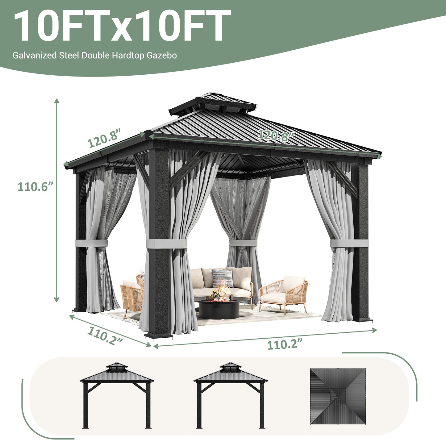 NETAJE 10x10 FT Hardtop Gazebo, Heavy Duty Gazebo with Aluminum Frame, Galvanized Steel Double Roof & Mosquito Net for Garden, Patio, Grey