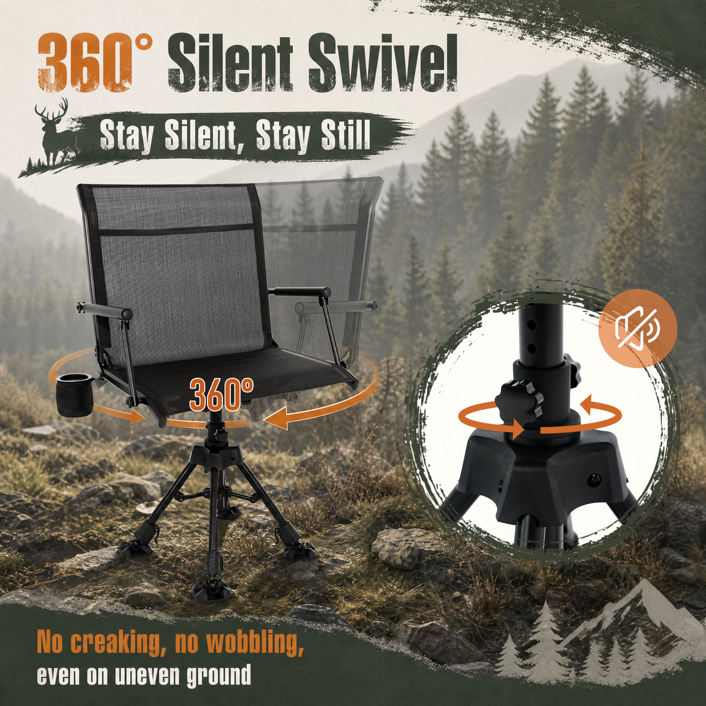 NETAJE 360°Swivel Hunting Blind Chair with Adjustable Legs, Folding Portable Hunting Chair with Cup Holder for Deer Hunting Fishing Camping Ground Blinds