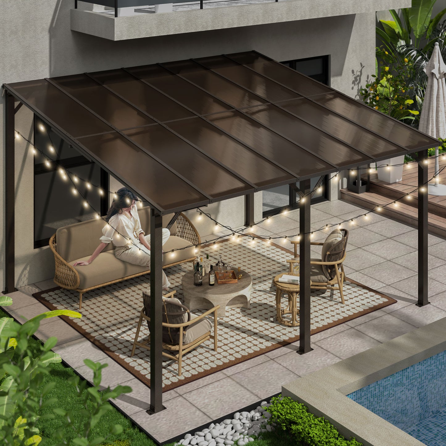 10' x 14' Gazebo, Outdoor Wall Mounted Gazebo & Pergola with Aluminum Frame for Patio, Decks, Porch and Backyard