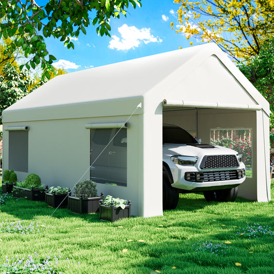 12' x 20' Heavy Duty Portable Garage, Carport with Side-Opening Door & Roll-up Windows, Car Canopy Reinforced Four-Hole Base for Car, Truck, Boat