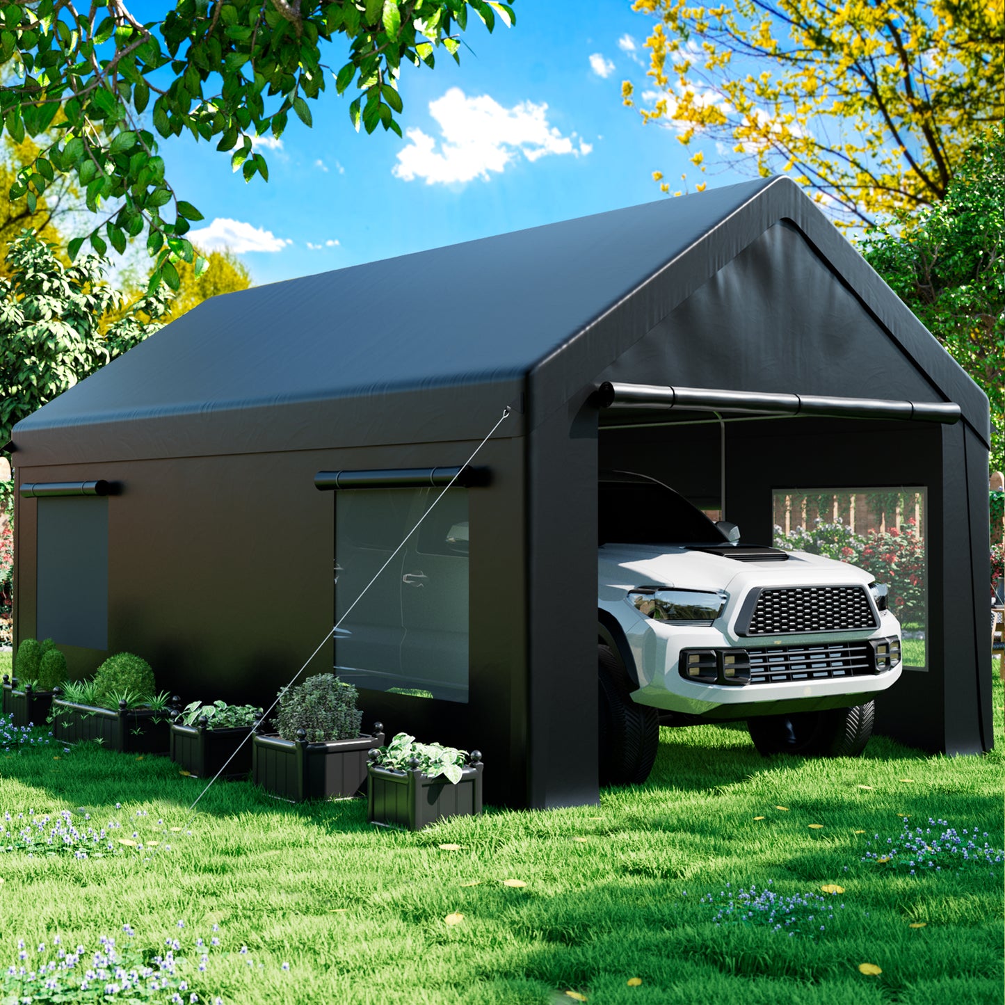 10' x 20' Heavy Duty Portable Garage, Carport with Side-Opening Door & Roll-up Windows, Car Canopy Reinforced Four-Hole Base for Car, Truck, Boat, Party