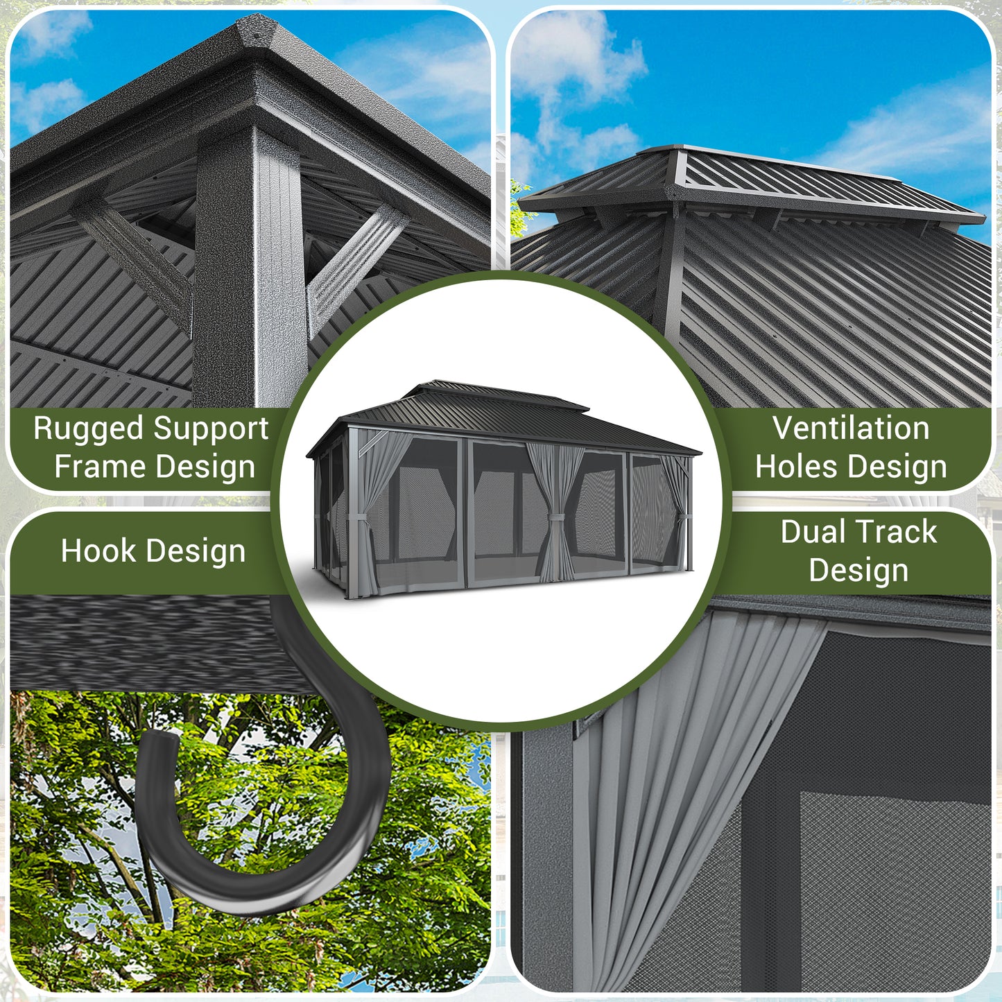 NETAJE 12x20 FT Hardtop Gazebo, Heavy Duty Gazebo with Aluminum Frame, Galvanized Steel Double Roof & Mosquito Net for Garden, Patio, Grey